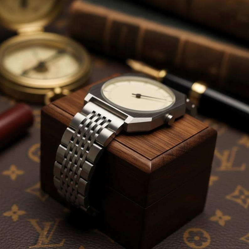 May include: A silver wristwatch with a cream-colored face and a stainless steel band rests on a small, dark wooden box. The watch is the focal point, with a classic design. Other items in the background include a compass and a pen.