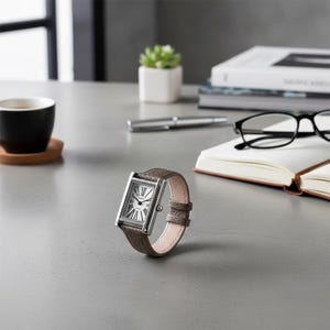 May include: A rectangular silver wristwatch with a brown leather band. The watch face is white with black Roman numerals and hands. The watch is displayed on a gray surface, with a cup of coffee, a pen, and a notebook in the background.