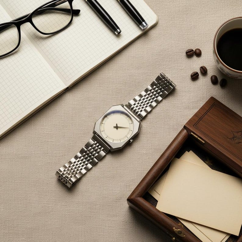 May include: A silver wristwatch with a cream-colored face and a stainless steel band is displayed on a neutral-toned surface. The watch is next to a notebook, pens, eyeglasses, a cup of coffee, coffee beans, and a wooden box.