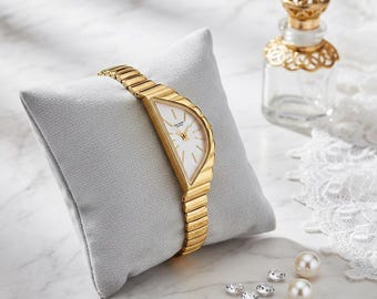 Half Moon Watch | Gold Tone Ladies Bracelet | Unique Curved Face Wristwatch