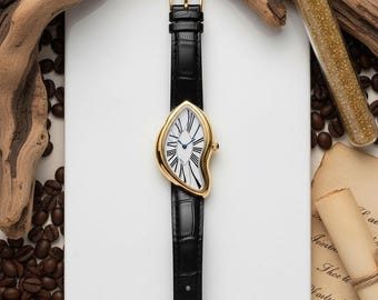 Melting Watch Face | Gold Tone Dali Inspired | Black Leather Wristwatch