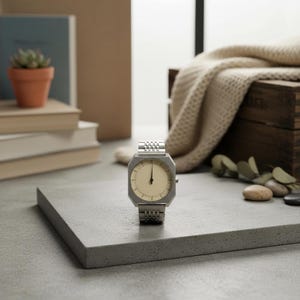 May include: A silver wristwatch with a square face and a cream-colored dial. The watch has a silver band and is displayed on a gray surface. The background includes books, a small potted plant, and a wooden box with a blanket.