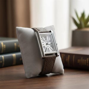 May include: A rectangular silver watch with a white face and Roman numerals. The watch has a brown leather band. The watch is displayed on a gray pillow. The watch face reads "NAIJOU QUARTZ".