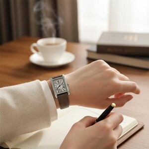 May include: A rectangular silver wristwatch with a brown leather band is worn on a wrist. The watch face has Roman numerals and black hands. A person is holding a pen and writing in a notebook. A cup of coffee sits on a saucer in the background.