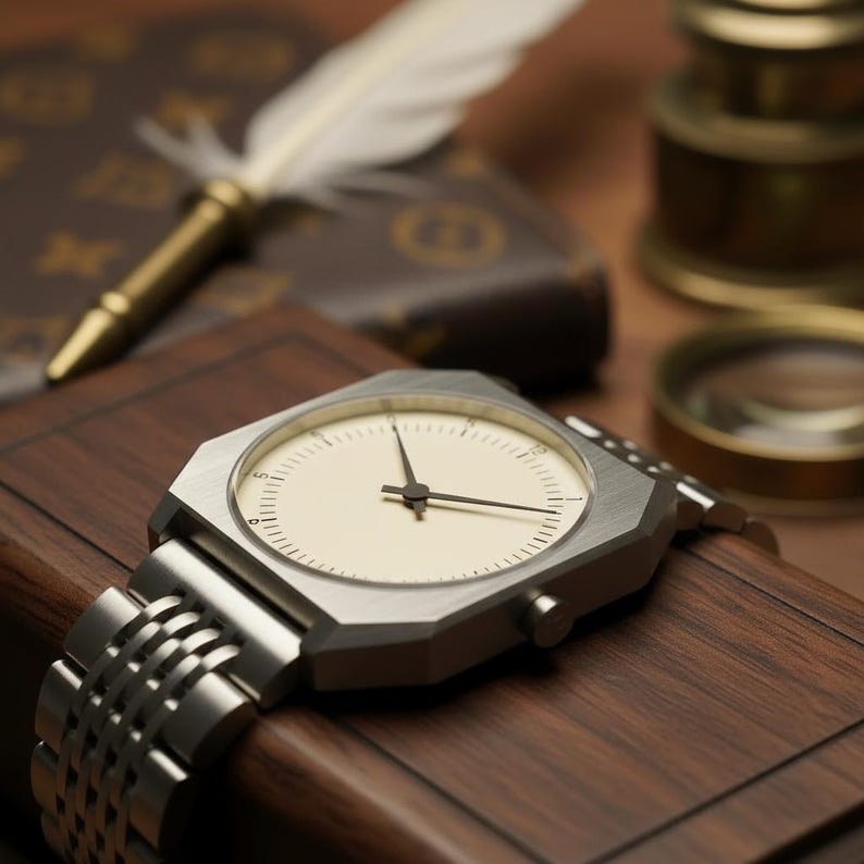 May include: A silver-toned wristwatch with a geometric face and a linked metal band. The watch has a cream-colored dial with black hands and markers. It rests on a dark wooden surface, with a pen and notebook in the background.