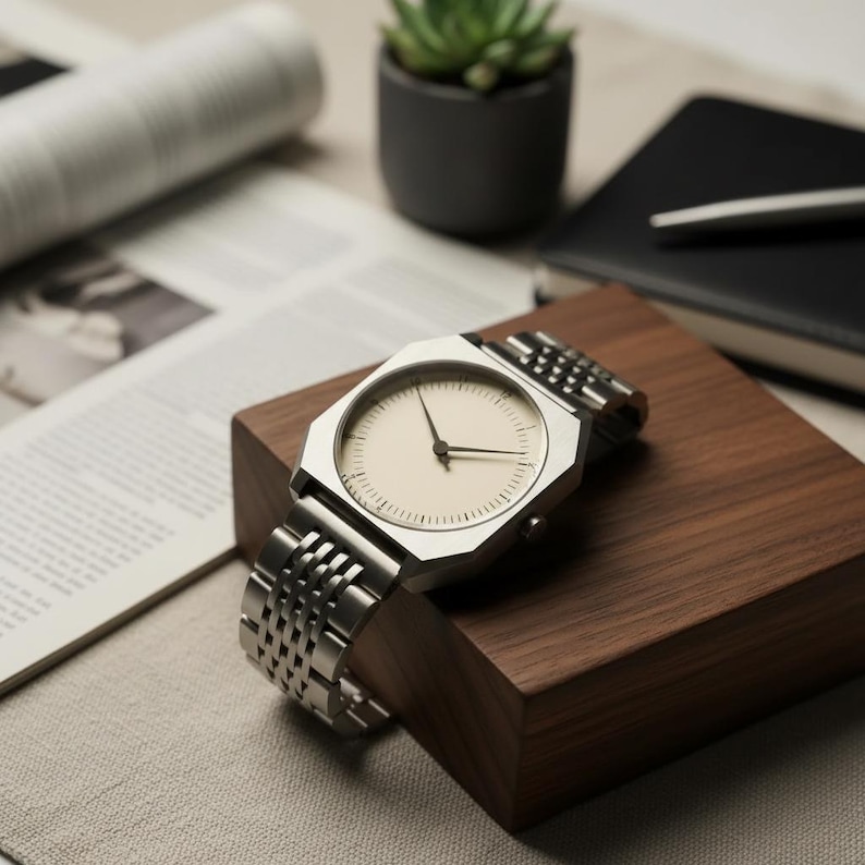 May include: A silver-toned wristwatch with a geometric case and a cream-colored face. The watch has a linked metal band and is displayed on a dark wooden block. The background includes a notebook, pen, and a small potted plant.