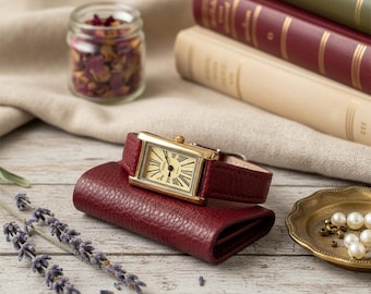 Rectangle Roman Numeral Watch | Gold Tone Red Leather | Women's Vintage Wristwatch