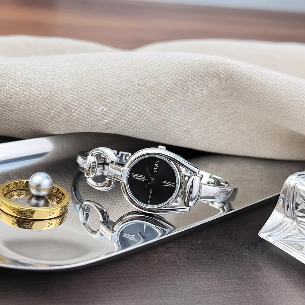 Bangle Cuff Watch | Silver Tone Bracelet With Black Dial  display picture 3