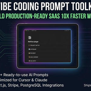 May include: A digital tablet displays the text "VIBE CODING PROMPT TOOLKIT" and "BUILD PRODUCTION-READY SAAS 10X FASTER WITH AI." The screen shows a Notion page with options for project setup, database, payment, UI/UX design, and security. Additional text includes "100+ Ready-to-use AI Prompts."
