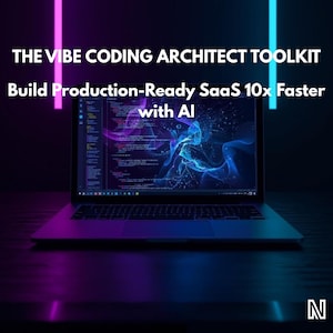 May include: A laptop displaying code with the text "THE VIBE CODING ARCHITECT TOOLKIT Build Production-Ready SaaS 10x Faster with AI". The background has purple and blue neon lights.