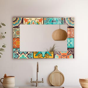 Mediterranean Tile Large Mirror, Terracotta Mosaic Wall Mirror, Spanish Patchwork Bathroom Mirror, Boho Coastal Wall Decor