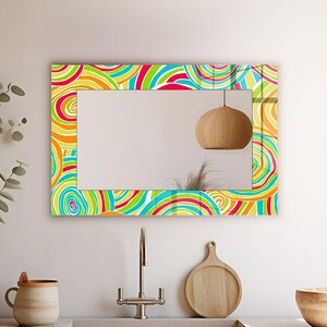Retro Swirl Wall Mirror, Colorful Horizontal Rectangular Mirror, Funky Pop Art Mirror, Modern Kitchen or Bathroom Decorative Mirror