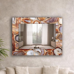 Horizontal Agate Mirror, Brown Stone Wall Mirror, Large Living Room Mirror, Modern Statement Mirror, Decorative Rectangular Mirror