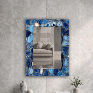 Miroir en agate bleu royal, miroir mural géode bleu vif, miroir rectangulaire de luxe, décoration murale moderne pour entrée de salle de bain