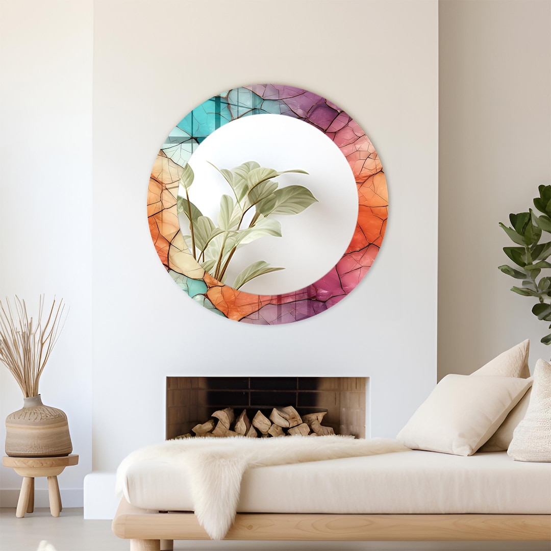 Colorful Abstract Wall Mirror, Round Decorative Mirror, Modern Art ...