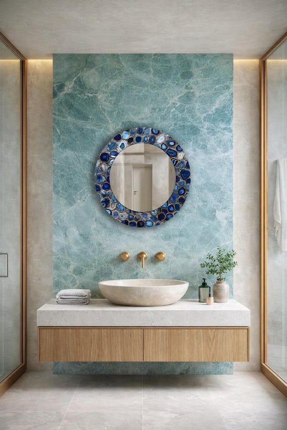 Blue Agate Round Wall Mirror, Stone Mosaic Bathroom Mirror, Modern Decorative Vanity Mirror, Luxury Round Mirror, Contemporary Wall Decor