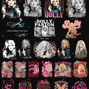May include: A digital collage featuring multiple portraits and graphic designs of Dolly Parton. The collection includes various illustrations, text elements like 'Dolly Parton', 'I will always love you', and 'What would Dolly do?', alongside floral, butterfly, and cowboy boot motifs.