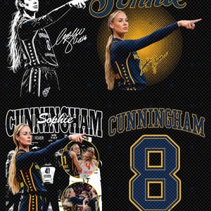 May include: A graphic design featuring basketball player Sophie Cunningham in a navy and gold jersey. The layout includes multiple images of the athlete pointing, the text Spicy Sonhie, Cunningham, and the number 8 in a bold navy and gold font.