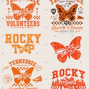 May include: A collection of six orange and black graphic designs featuring butterflies, the text Tennessee Volunteers, Rocky Top, University of Tennessee, Knoxville, and various mountain and checkerboard patterns on a light grid background.