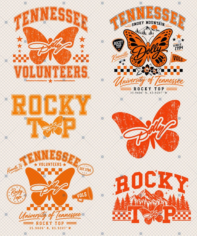 May include: A collection of six orange and black graphic designs featuring butterflies, the text Tennessee Volunteers, Rocky Top, University of Tennessee, Knoxville, and various mountain and checkerboard patterns on a light grid background.