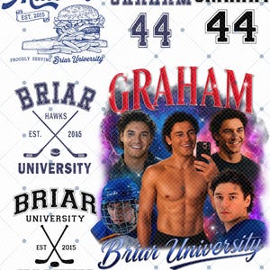 Op de afbeelding: Een collage van graphics en tekstelementen. Bevat een illustratie van een hamburger en friet, hockey-thema logo's voor Briar University, en de naam "Graham" in verschillende stijlen. Bevat ook het nummer "44" en afbeeldingen van een persoon.