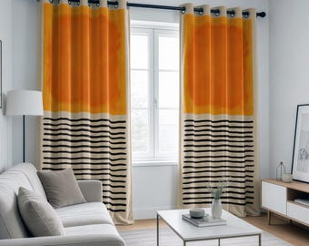 Sunset Inspired Curtains, Abstract Orange and Black Drapes, Modern Geometric Window Panels