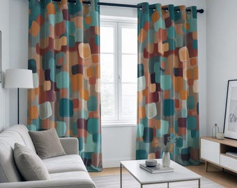 Abstract Geometric Curtains, Modern Square Pattern Drapes, Custom Size Curtains for Living Room & Bedroom