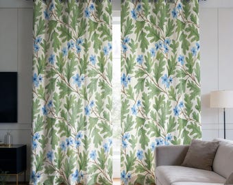 Blue Floral Curtains, Botanical Cottagecore Drapes, Farmhouse Flower Window Panels