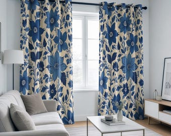 Blue Floral Curtains, Flower Print Drapes, Soft Curtain Panels, Custom Size Curtains for Living Room & Bedroom