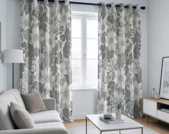 Gray Floral Curtains, Flower Drapes , Custom Heading Window Panels, Made to Measure Curtains