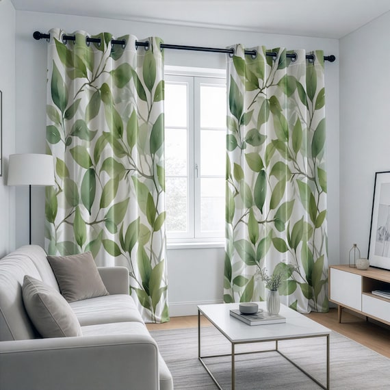 Grüne Blättervorhänge, botanische Vorhänge, Natur inspirierte Fenstervorhänge, benutzerdefinierte Größe Vorhang