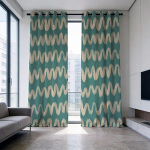 Vågmönstergardiner, turkosa och vita vågiga draperier, moderna geometriska gardiner, abstrakt konstfönsterbehandling