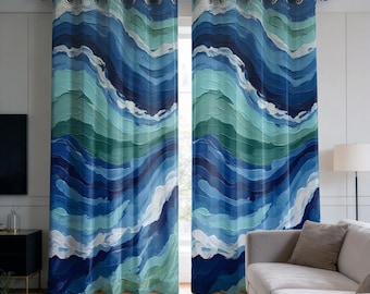 Blue Wave Curtains, Abstract Watercolor Drapes, Ocean & Coastal Window Panels