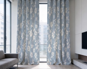Blue Damask Floral Curtains, Ivory Floral Drapes, Soft Blue Window Panels, Custom Made to Measure Curtains