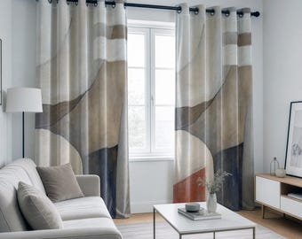 Modern Abstract Curtains, Neutral Color Block Drapes, Earth Tone Abstract Art Window Panels