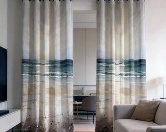 Ocean Wave Curtains, Abstract Seascape Drapes, Blue and Beige Coastal Curtains, Seaside Home Decor