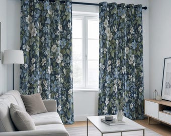 Rideaux à fleurs bleu marine, en-tête de rideaux fleurs blancs personnalisés, panneaux à imprimé fleurs botaniques, parure de fenêtre sur mesure