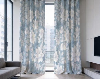 Blue Flower Curtains, Floral Made to Order Drapes, Ideal for Living Room or Bedroom