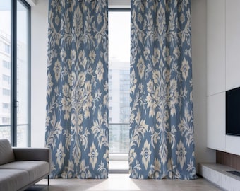 Damask Pattern Curtains, Blue and Ivory Floral Drapes, Made to Order Window Panels