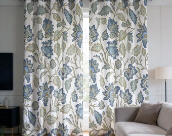 Blue Botanical Curtains, Floral Drapes, Classic Flower Window Panels