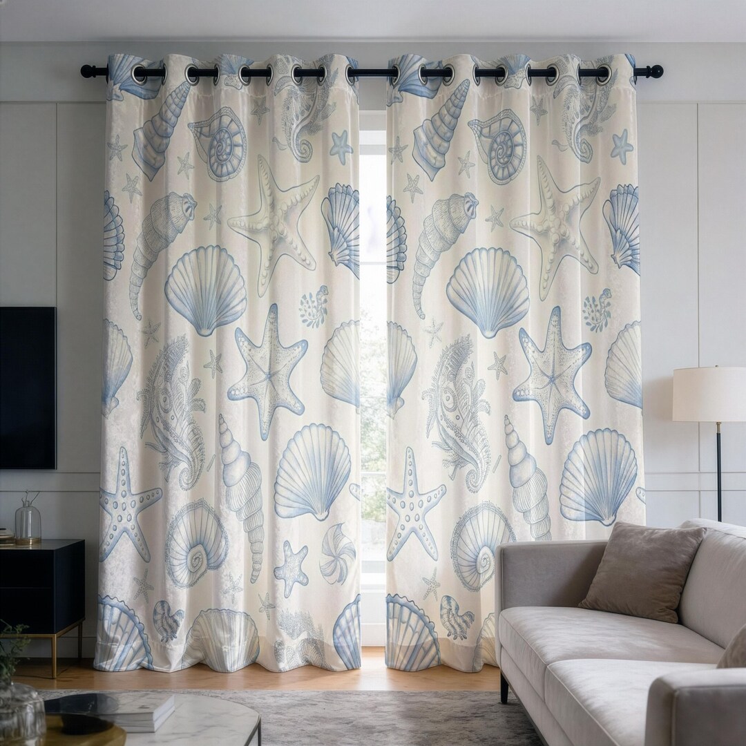 Seashell Curtains, Starfish Print Drapes, Coastal Ocean Window ...