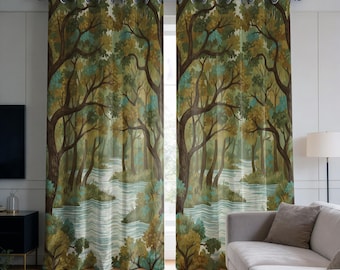 Forest Landscape Curtains, Nature Scenic Drapes, Woodland River Curtain, Green Tree Window Panel