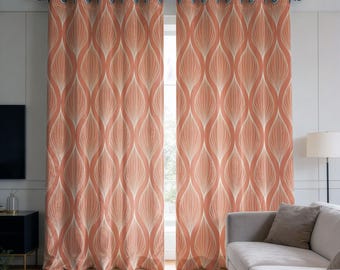 Peach Geometric Curtains, Wave Pattern Drapes, Modern Abstract Window Panels,  Retro Style Curtains