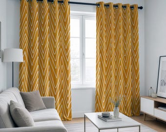 Yellow Chevron Curtains, Modern Zigzag Drapes, Geometric Window Panels, Custom Size Curtains
