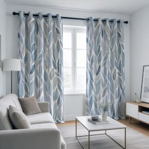 Leaf Pattern Curtains, Blue & White Drapes, Modern Floral Window Panels, Custom Size Drapes for Living Room or Bedroom