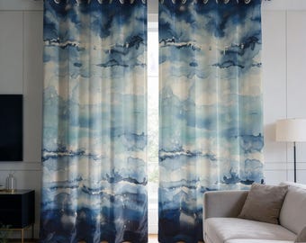 Ocean Wave Curtains, Watercolor Blue Drapes, Coastal Abstract Sea Window Panels