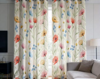 Watercolor Floral Curtains, Poppy Flower Drapes, Pastel Botanical Window Panels
