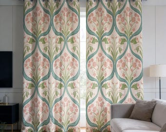 Classic Floral Curtains, Art Deco Botanical Drapes, Pink Green Retro Window Panels