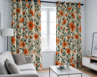 Rideaux fleuris orange, tentures botaniques, panneaux de fenêtre à fleurs, tentures sur mesure pour salon ou chambre