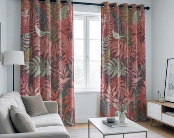 Tropical Leaf Curtains, Bird and Leaf Print Drapes, Custom Size Curtains for Living Room & Bedroom